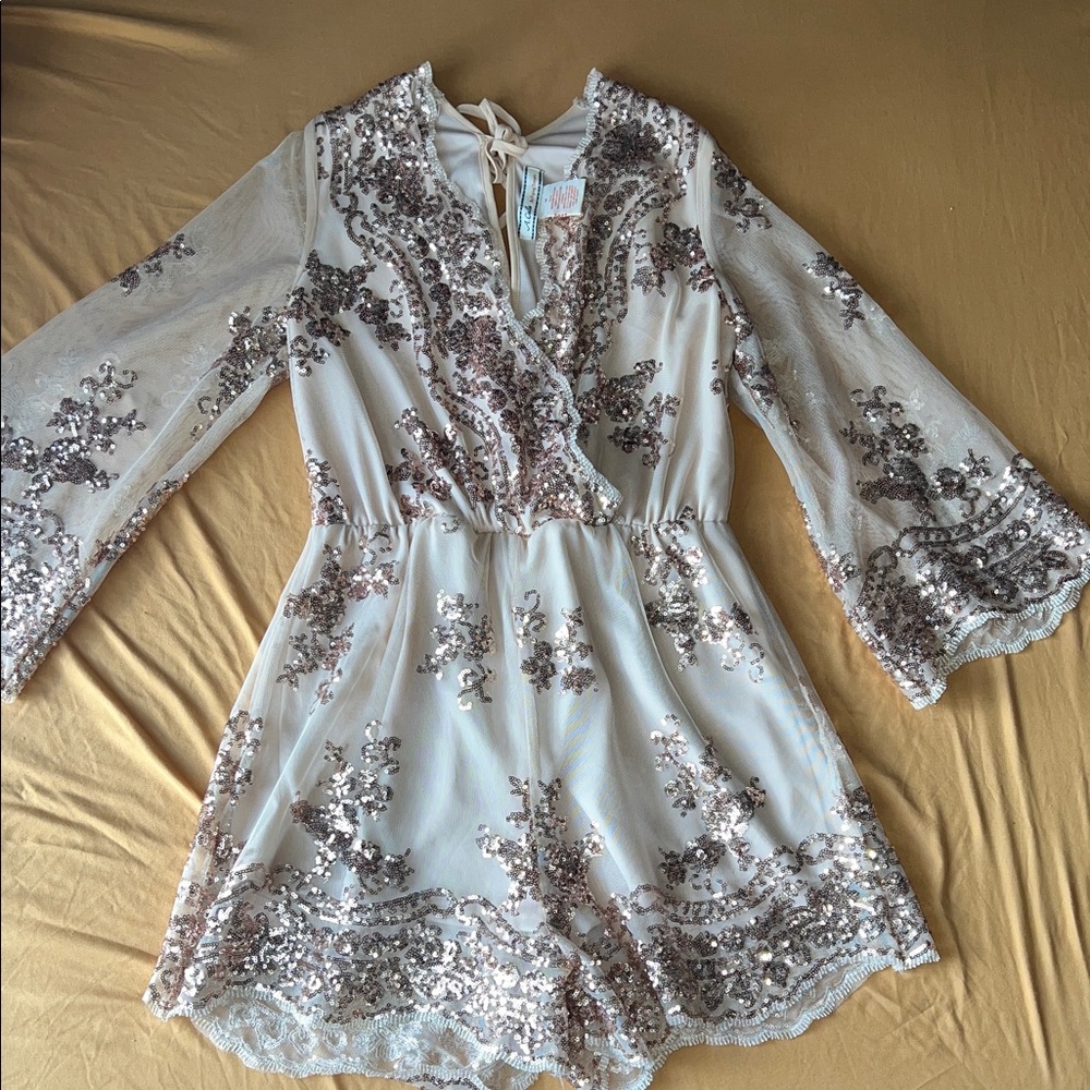 Flying Tomato Cream and Silver Long Sleeve Dress